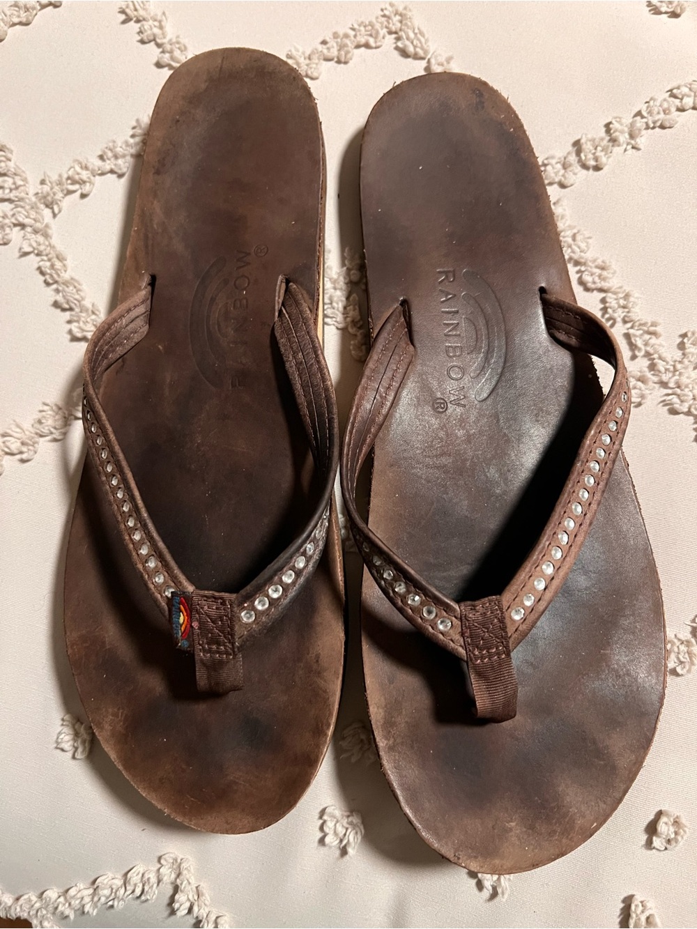 Rainbow Brown Leather Flip Flops with Rhinestone Straps